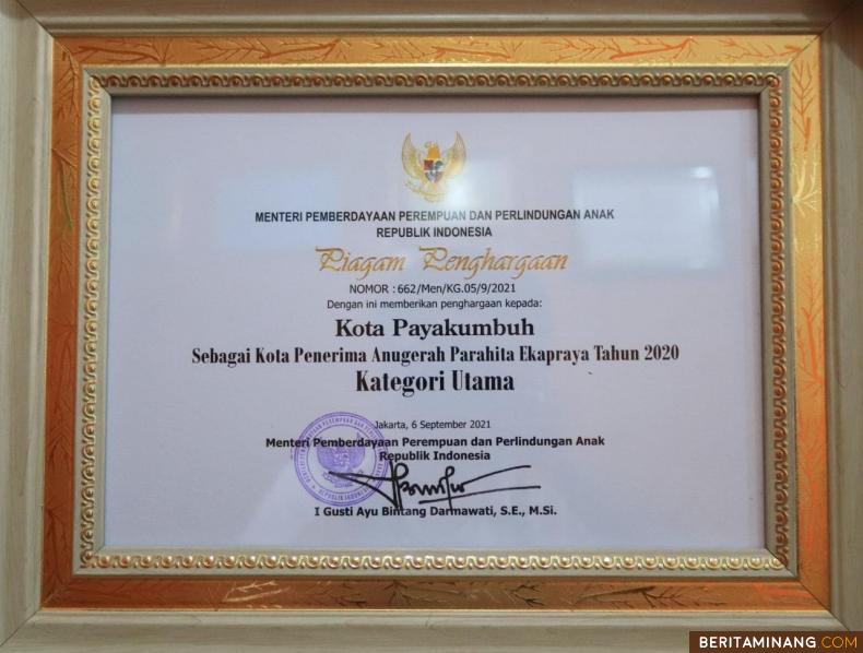 Sertifikat Anugerah Parahita Ekapraya Kategori Utama 2020 untuk Payakumbuh