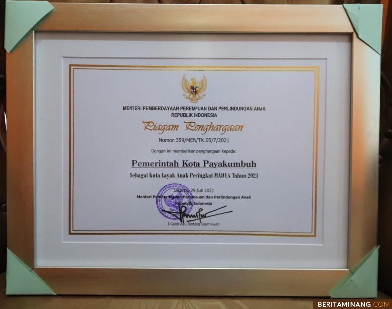 Sertifikat Kota Layak Anak Kategori Madya 2021 untuk Payakumbuh