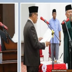 Wawako Bukittinggi Marfendi melantik dan mengambil sumbah Al Amin S.Sos.MM menjadi Pj Sekdako Bukittinggi,di Balairung Rumah dinas walikota Minggu (8/12). Foto : Dok IGPemkobkt