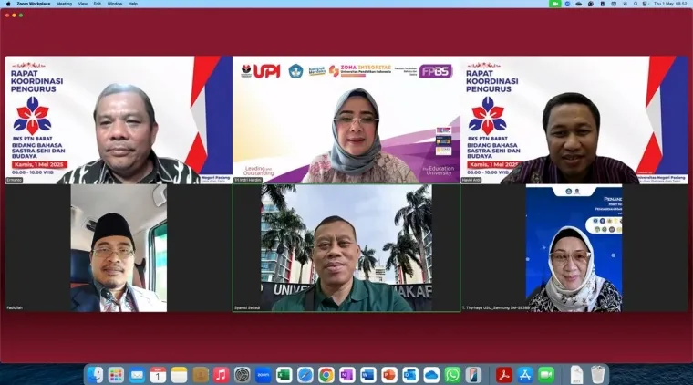Rapat Koordinasi Pengurus BKS PTN Barat Bidang Bidang Bahasa Sastra Seni dan Budaya secara daring pada Kamis (1/5) pagi. Foto MR.