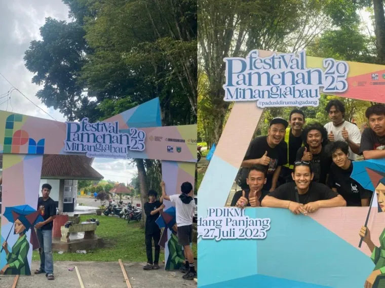 Panitia pelaksana Festival Pamenan Minangkabau 2025 lakukan persiapan di kawasan Pusat Dokumentasi dan Informasi Kebudayaan Minangkabau (PDIKM). Foto: Kominfo Padang Panjang