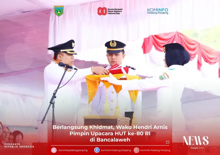 Wali Kota, Hendri Arnis, bertindak sebagai inspektur upacara HUT ke-80 Kemerdekaan RI yang digelar Pemerintah Kota Padang Panjang di Lapangan Khatib Sulaiman Bancalaweh, Ahad (17/8/2025). Foto: Kominfo Padang Panjang