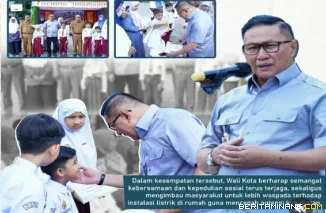Wako Ramlan Nurmatias serahkan donasi dari pelajar se Kota Bukittinggi untuk korban kebakaran di Birugo,di halaman SDN 10 Sapiran, Selasa, (4/11)