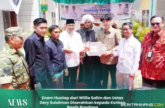 Suasana penyerahan hunian tetap (Huntap) bantuan dari tim influencer Willie Salim dan Ustaz Dery Sulaiman  di Kota Padang Panjang di kawasan Balai Benih Ikan (BBI), Jumat (27/2/2026). Foto: Kominfo Padang Panjang