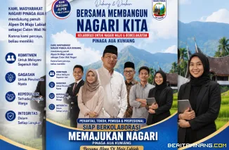Poster Bakal calon Wali Nagari Pinaga Aua Kuniang, Alpen Dt. Majo Labiah menegaskan komitmennya untuk membangun Nagari Pinaga Aua Kuniang. Foto : d