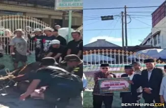 Wawako Ibnu Asis serahkan sapi qurban bantuan Presiden kepada pengurus dan panitia qurban masjid Jamia' Tangan Sawah, dan penyembelihan hewan tersebut, Sabtu, (30/05)