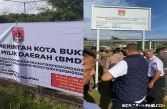 Pemko Bukittinggi pasang plank pengumuman barang. Milik daerah pada lahan di belakang kampus Universitas Fordekok, Rabu, 22 Juli 2026.