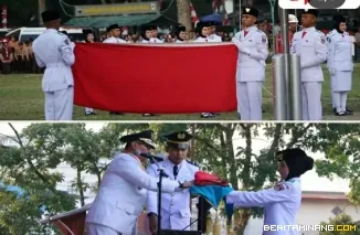 Upacara Penurunan sang saka merah putih di lapangan Wirabraja Bukittinggi, dipimpin Wako Ramlan pada peringatan ke 81 Kemerdekaan RI berlangsung sukses, Senin, (17/08/2026)