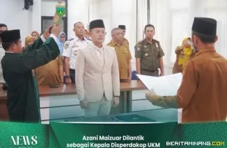 Wakil Wali Kota Padang Panjang Allex Saputra melantik  Azani Maizuar sebagai Kepala Dinas Perdagangan, Koperasi, Usaha Kecil dan Menengah (Disperdakop UKM), Senin (21/9/2026). Foto: Kominfo Padang Panjang